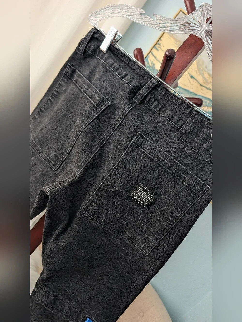 8+9 MFG Vintage Wash Black Cargo Jeans with Blue Trim Size 32